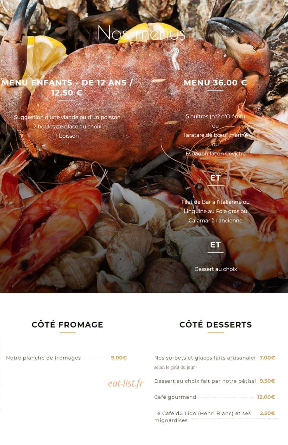 Carte et menu de Lido de Toulon à Toulon — Les menus, fromages et desserts