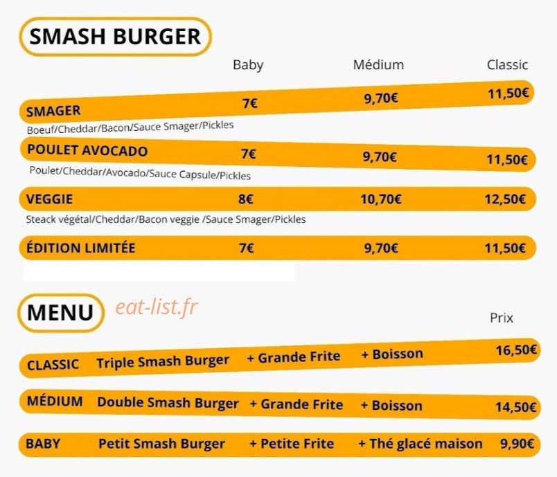 Smager Smash Burger — carte page 1