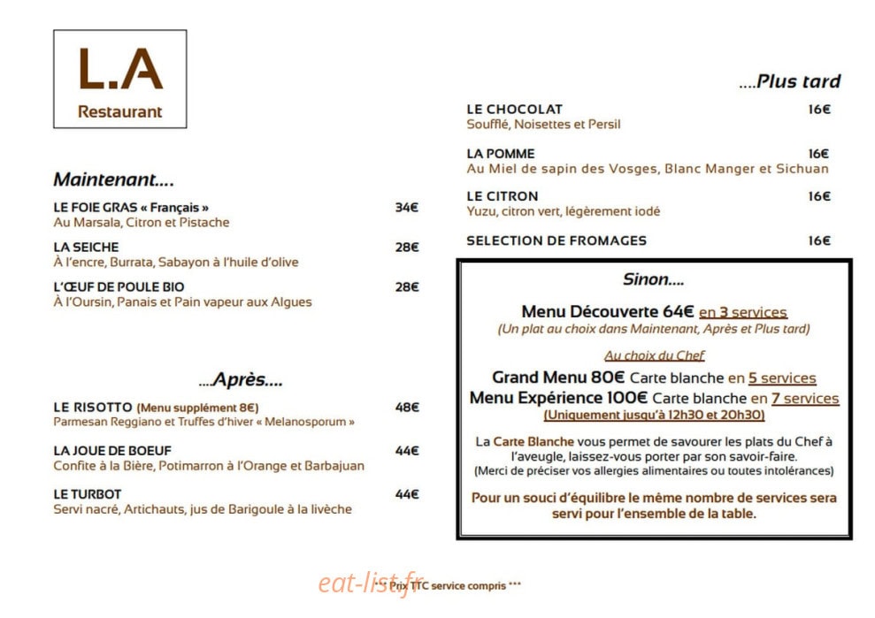 L.A restaurant — carte page 1