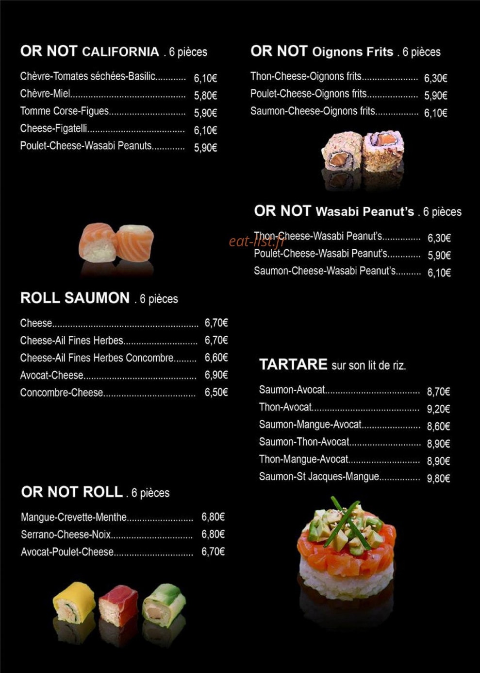 Carte et menu de Sushi or not Sushi à Sanary sur Mer — Or not california, roll saumon, tartares,....