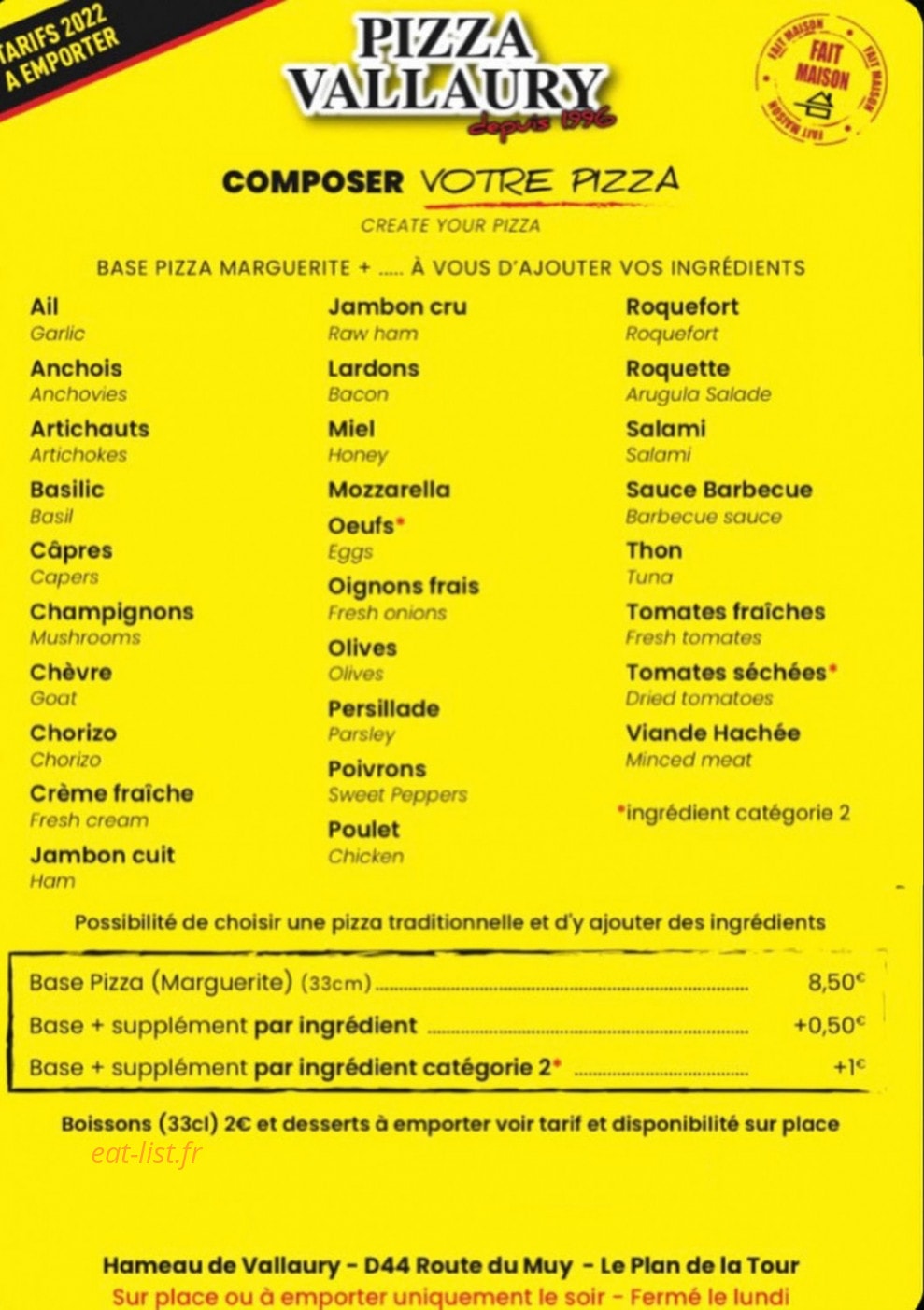 Pizza Vallaury — carte page 1