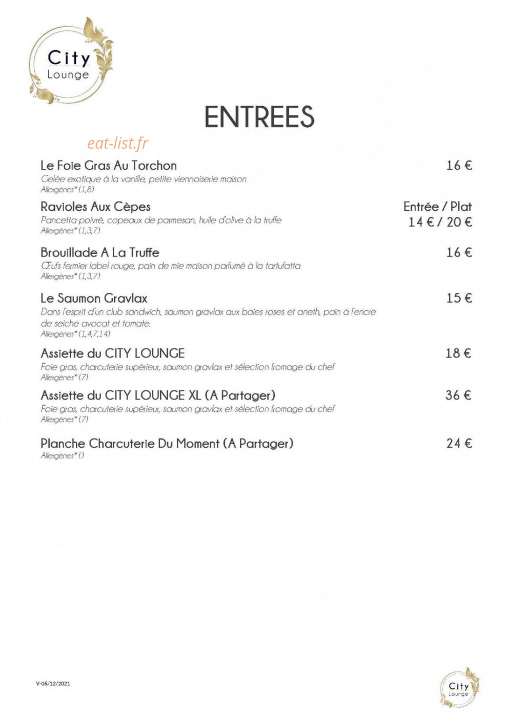 City Lounge — carte page 1