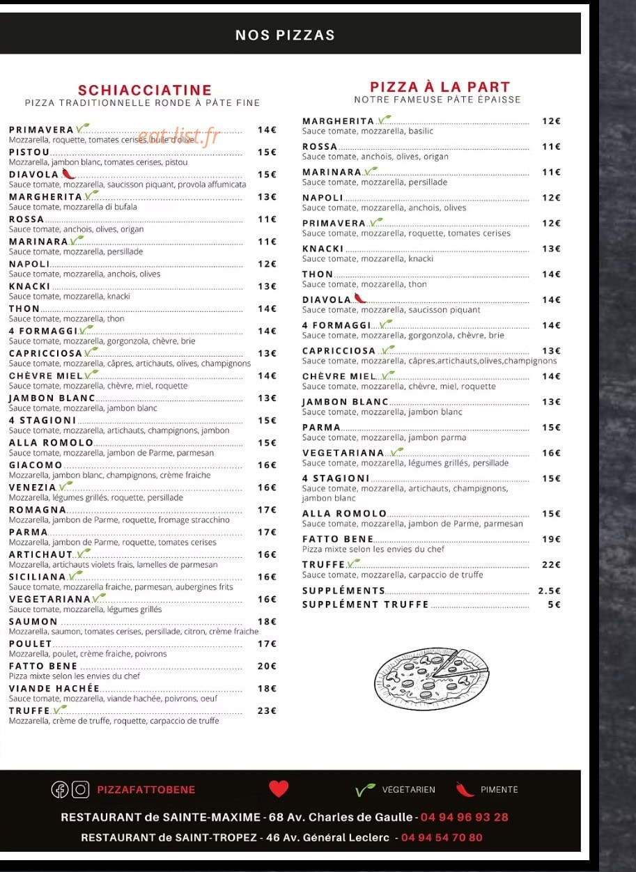 Carte et menu de Fatto Bene à Sainte Maxime — Le pizzas
