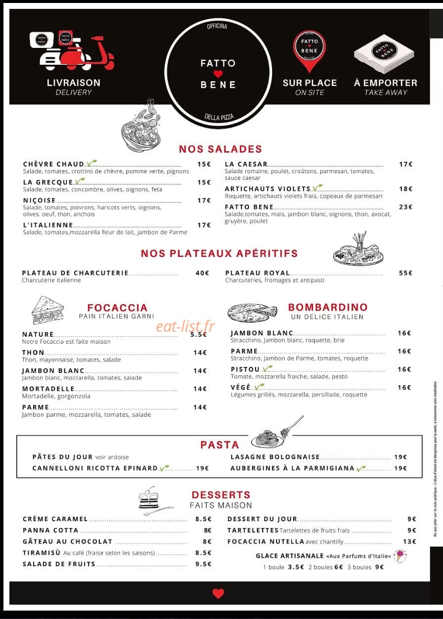Carte et menu de Fatto Bene à Sainte Maxime — Salades, pates et desserts