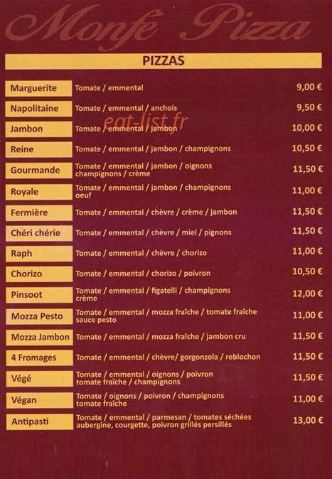 Monfé Pizza — carte page 1