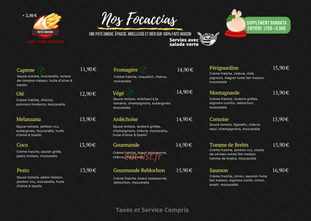 Carte et menu de Pietra Foci Pizza à Gareoult — Focaccias