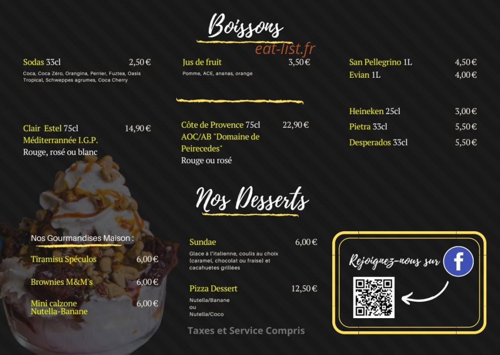Carte et menu de Pietra Foci Pizza à Gareoult — Boissons et desserts