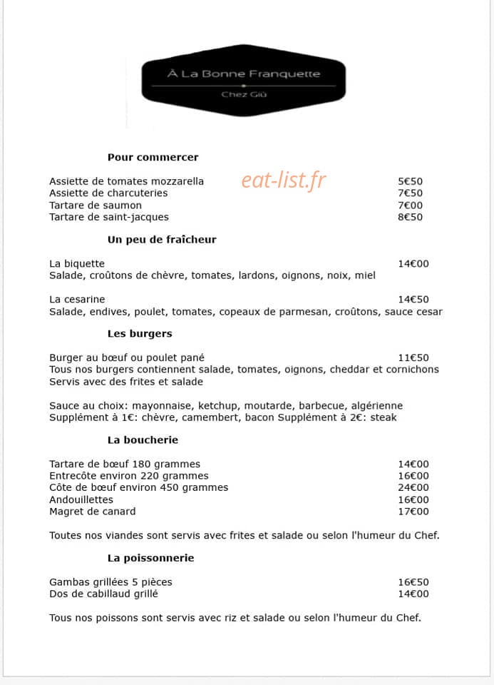 Carte et menu de À La Bonne Franquette Chez Giù à Meounes les Montrieux — Les entrées, salades, burgers...