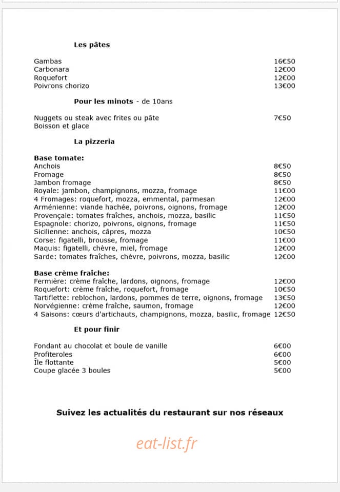 Carte et menu de À La Bonne Franquette Chez Giù à Meounes les Montrieux — Les pâtes, menu enfant, pizzas et desserts