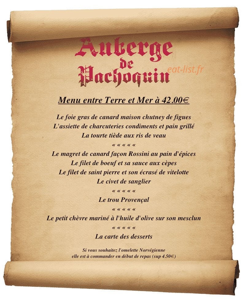 Carte et menu de Auberge de Pachoquin à Meounes les Montrieux — Menu entre terre et mer