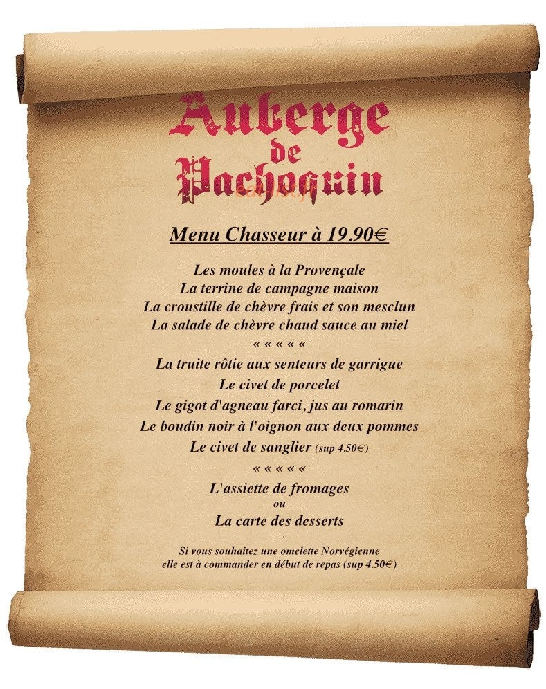 Carte et menu de Auberge de Pachoquin à Meounes les Montrieux — Menu chasseur