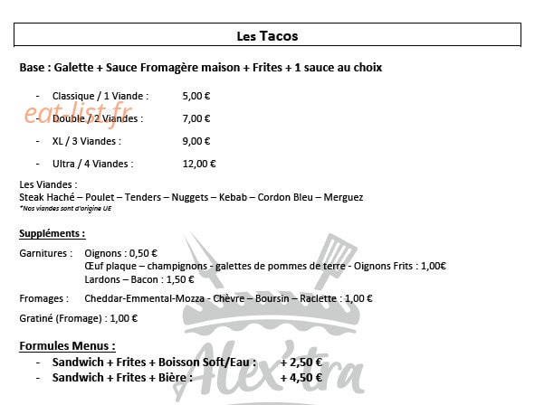 Alex'Tra Snack — carte page 1