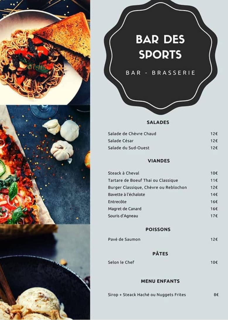 Carte et menu de Bar des Sports à Six Fours les Plages — Les salades, viandes et pates,...