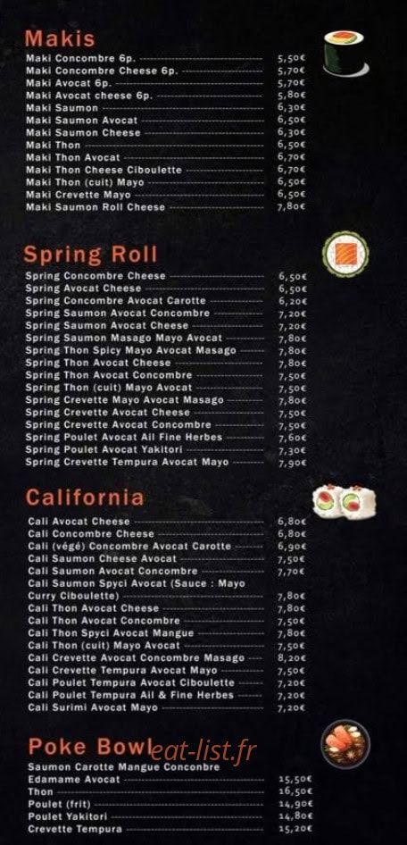 Carte et menu de Koï Oishï Sushi à Six Fours les Plages — Makis, spring roll et california,...