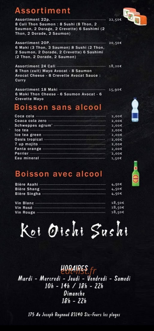 Carte et menu de Koï Oishï Sushi à Six Fours les Plages — Les assortiments et boissons