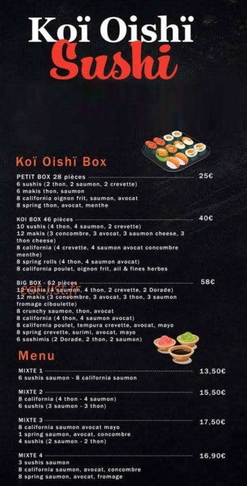 Carte et menu de Koï Oishï Sushi à Six Fours les Plages — Les menus et box