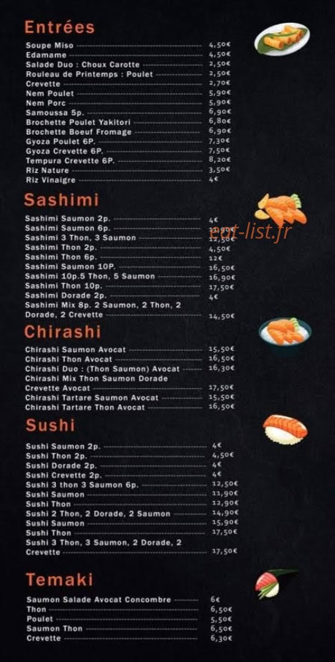Carte et menu de Koï Oishï Sushi à Six Fours les Plages — Les entrées, sashimi et chirashi,...