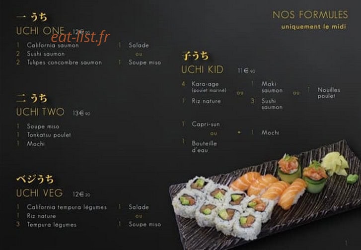 Carte et menu de L'Uchiwa artisan sushi à Six Fours les Plages — Les formules, uchi kid, uchi veg et uchi two,...