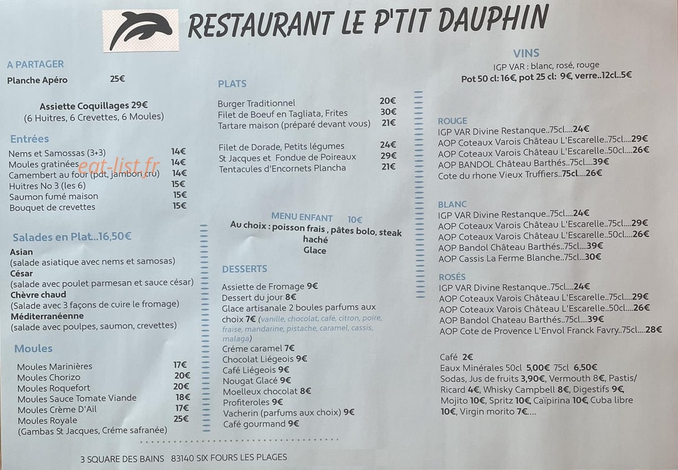 Carte et menu de Le p’tit dauphin à Six Fours les Plages — La carte