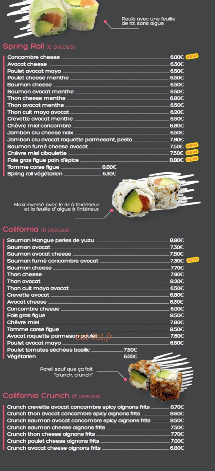Carte et menu de Pink Sushi à Six Fours les Plages — Spring roll, california et california crunch