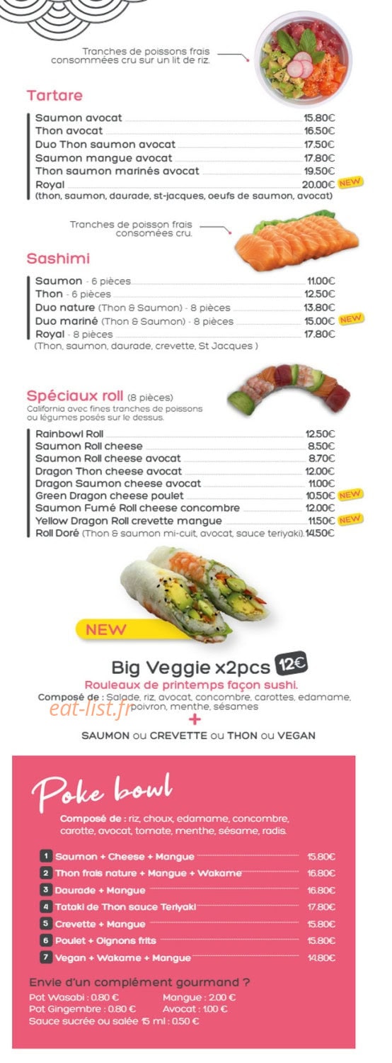 Carte et menu de Pink Sushi à Six Fours les Plages — Les tartares, sashimi et poké bowls,...