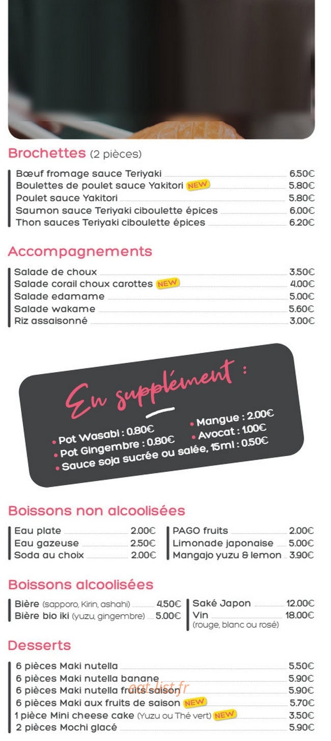 Carte et menu de Pink Sushi à Six Fours les Plages — es brochettes, accompagnements et boissons alcoolisées,...