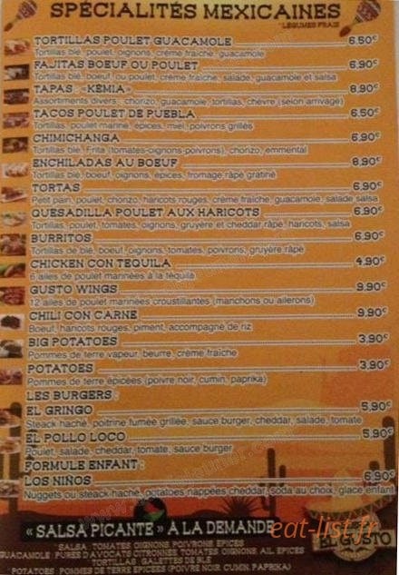 Carte et menu de Pizzeria El Gusto à Six Fours les Plages — Les spécialités mexicaines