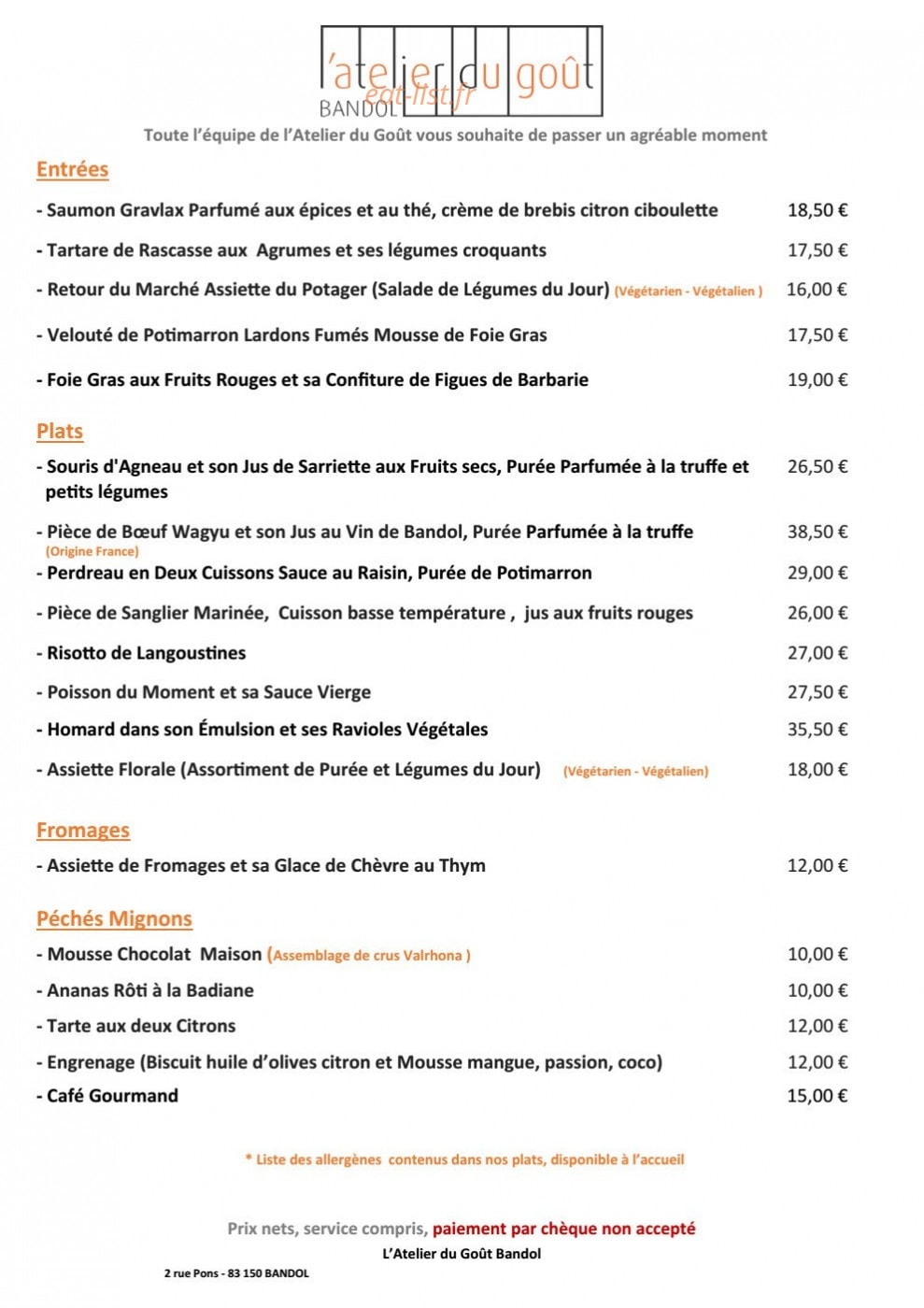 L'Atelier du Goût — carte page 1