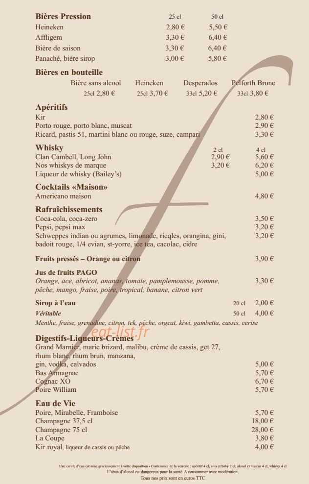 Carte et menu de Brasserie Le France à La Valette du Var — Les boissons