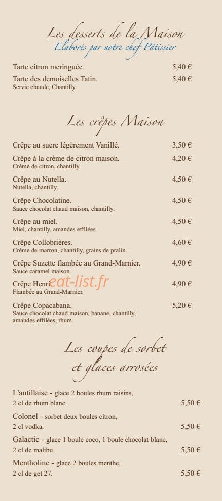 Carte et menu de Brasserie Le France à La Valette du Var — Les desserts, les crêpes,....