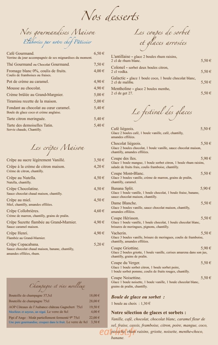 Carte et menu de Brasserie Le France à La Valette du Var — Les desserts