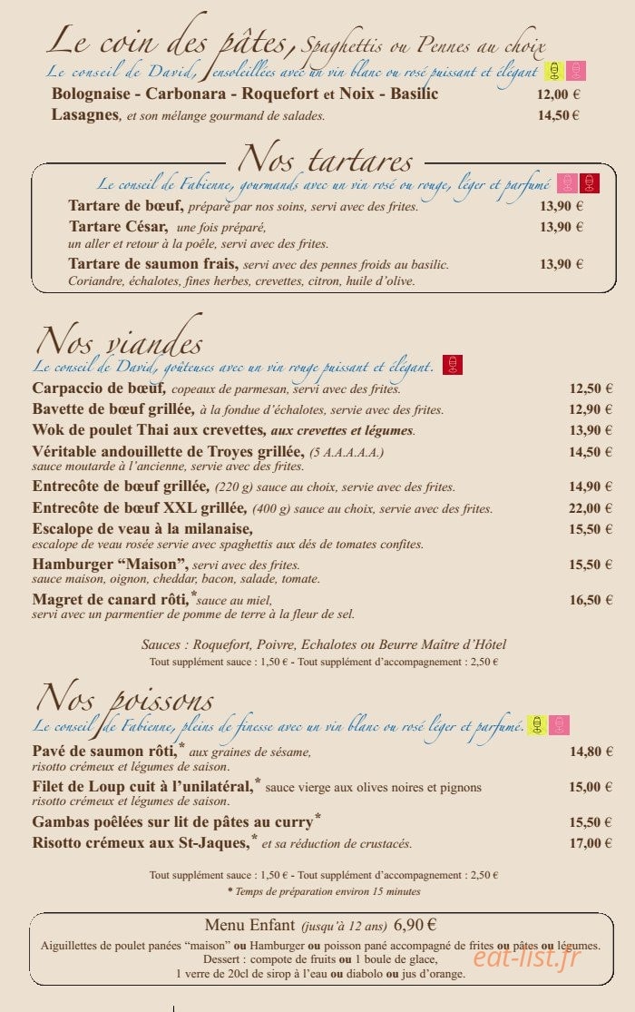 Carte et menu de Brasserie Le France à La Valette du Var — Les pâtes, les tartares,.....