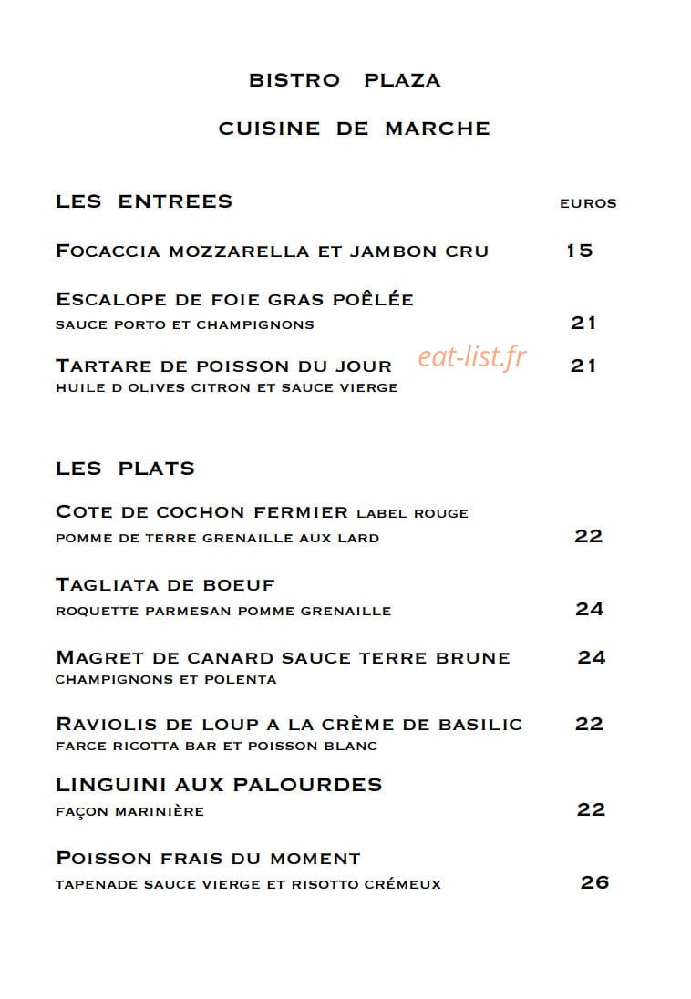 Bistro Plaza — carte page 1