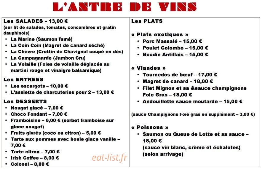 L'Antre de Vins — carte page 1