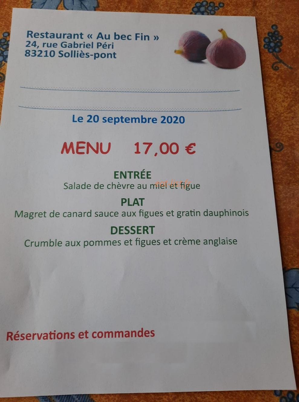 Au Bec Fin — carte page 1