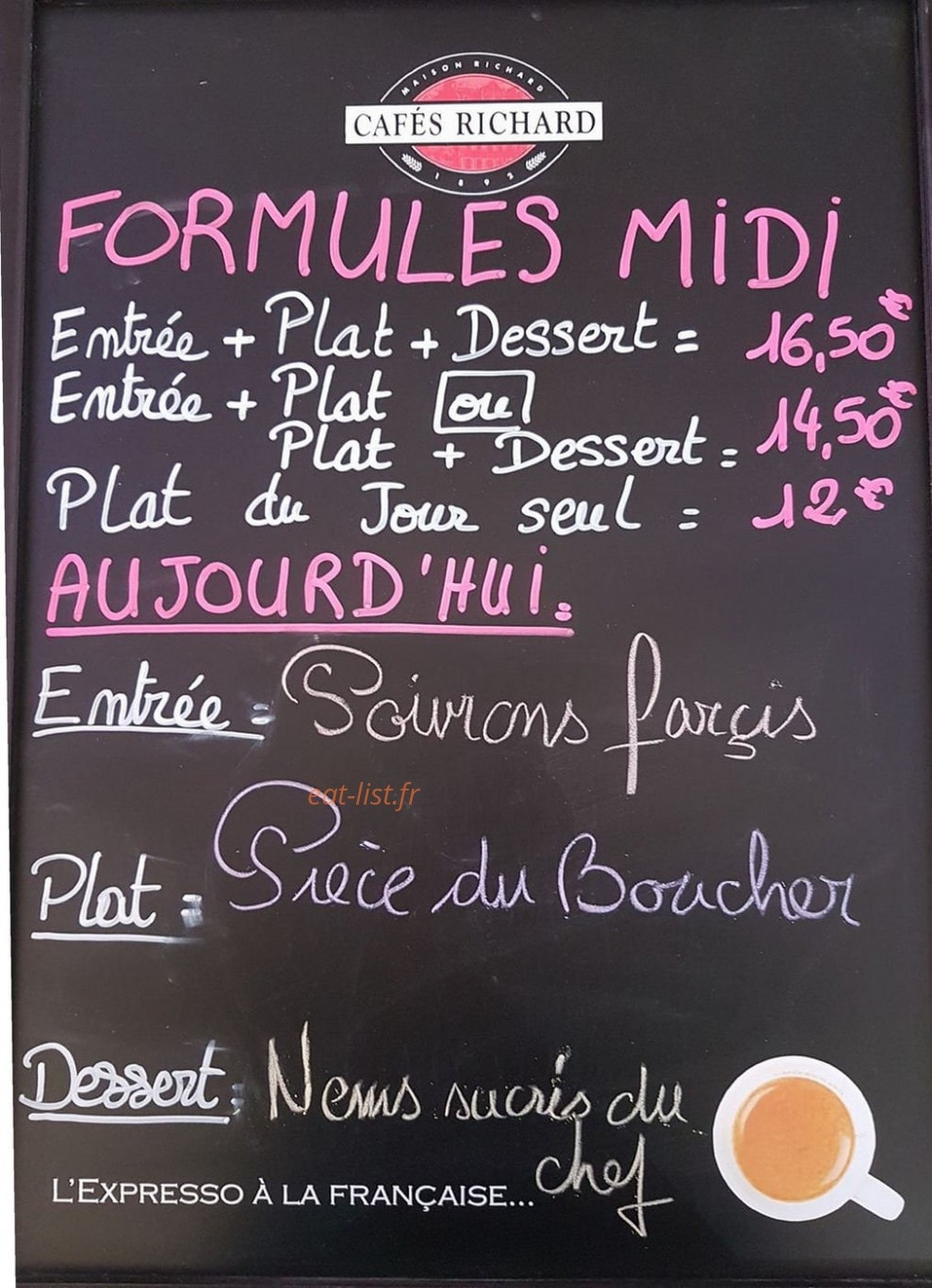 Carte et menu de Brasserie de la promenade à Cavalaire sur Mer — Un exemple d' ardoise du jour