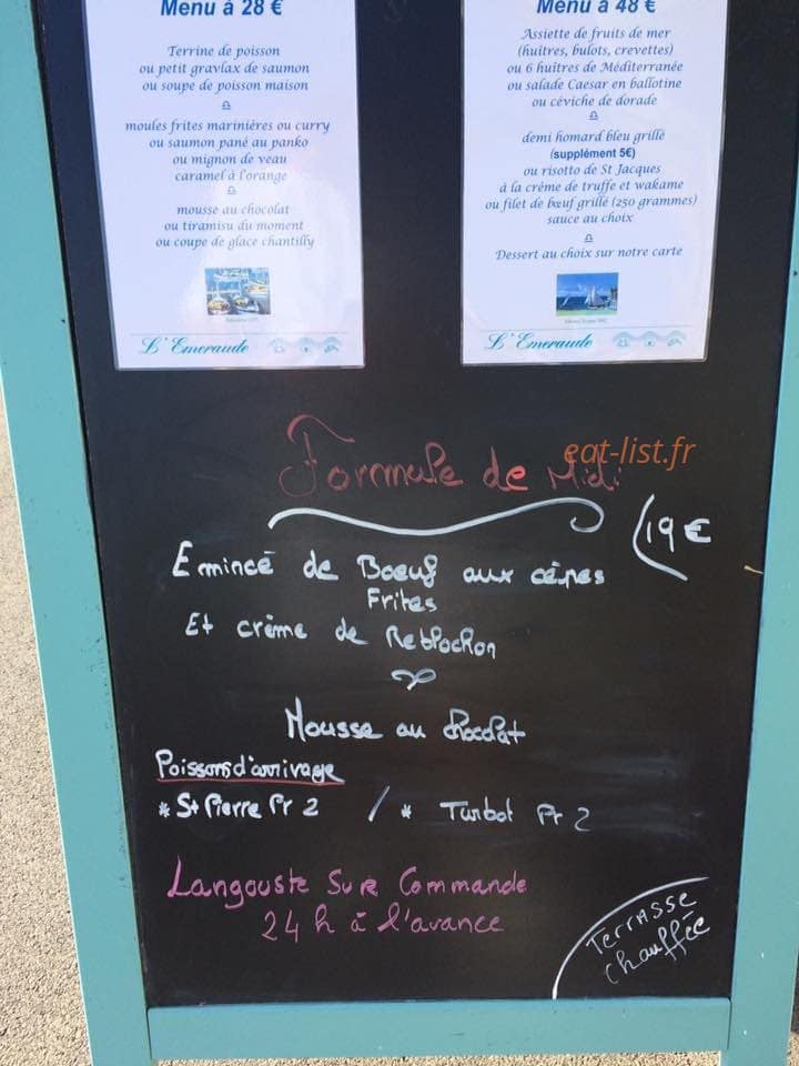 Carte et menu de L'Emeraude à Cavalaire sur Mer — Exemple de menu