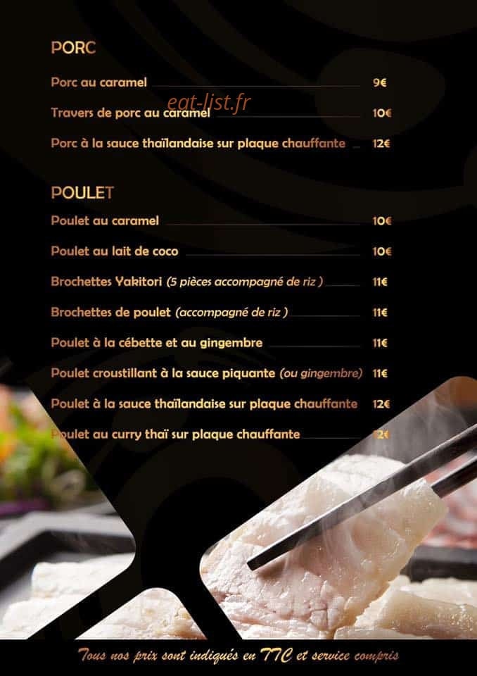 Carte et menu de Le Cygne d’Asie à Cavalaire sur Mer — porc et poulet