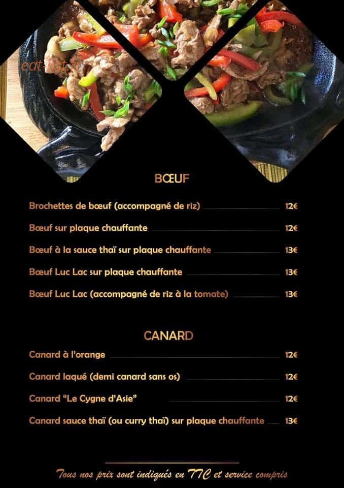 Carte et menu de Le Cygne d’Asie à Cavalaire sur Mer — boeuf et canard