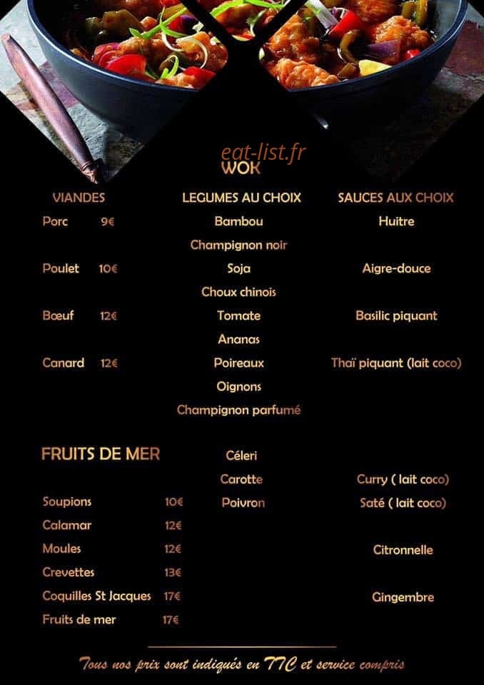 Carte et menu de Le Cygne d’Asie à Cavalaire sur Mer — wok et fruits de mer
