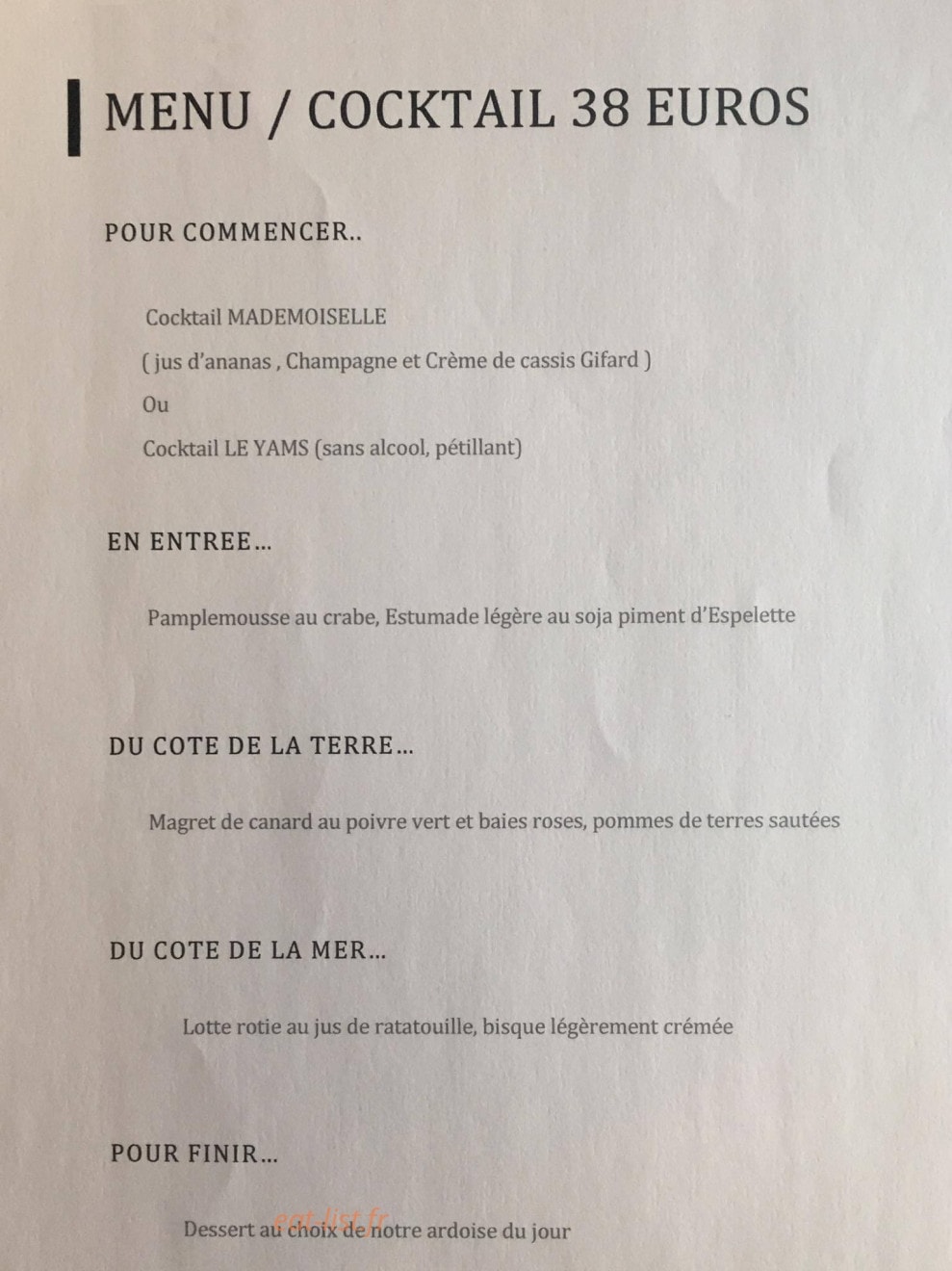 Carte et menu de Le Yams à Cavalaire sur Mer — Pour commencer, entrées, côtés de la terre,...