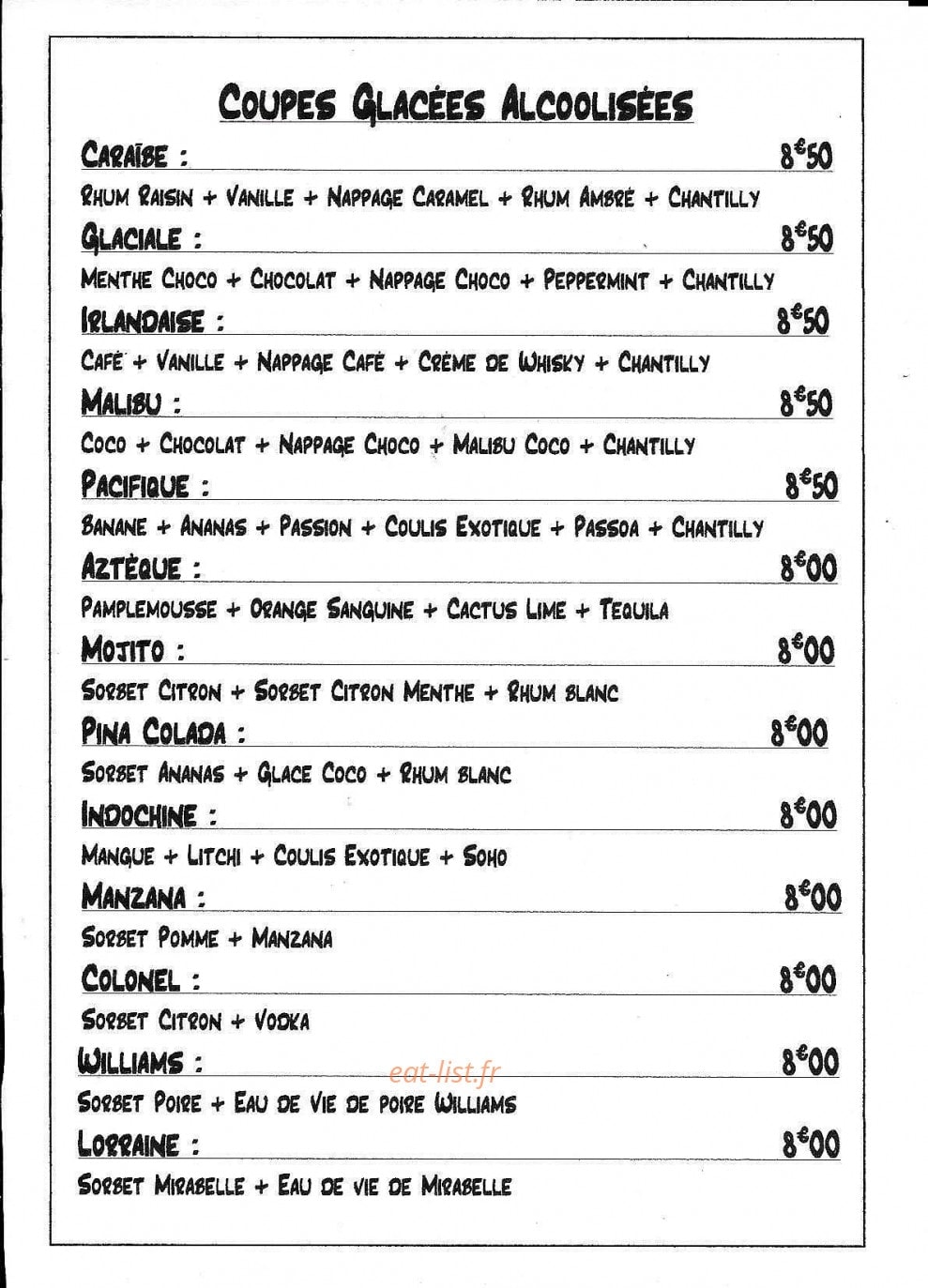 Carte et menu de Au Petit Gourmand à La Londe les Maures — Coupes glacées alcoolisées