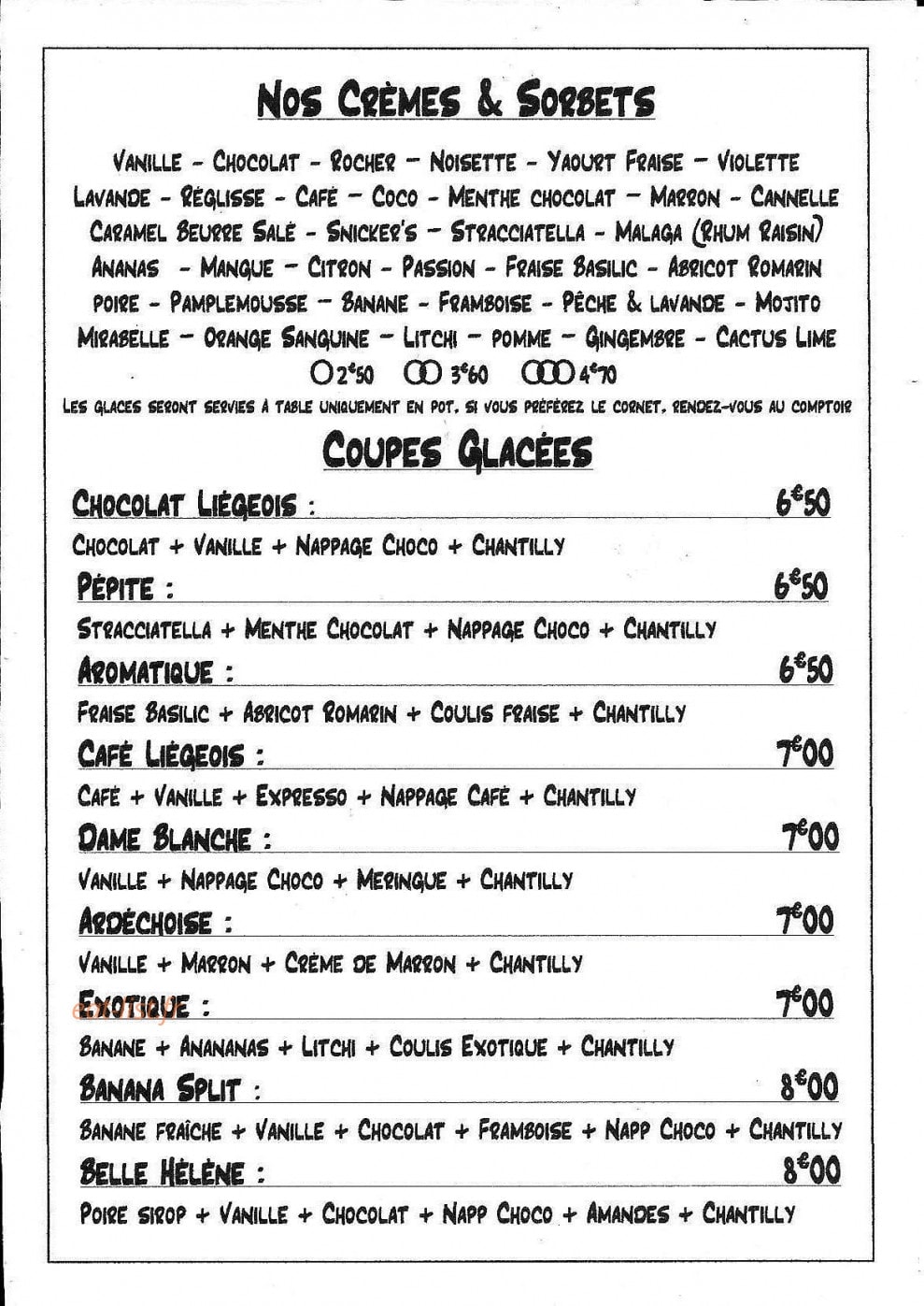 Carte et menu de Au Petit Gourmand à La Londe les Maures — Crèmes, sorbets et coupes glacées