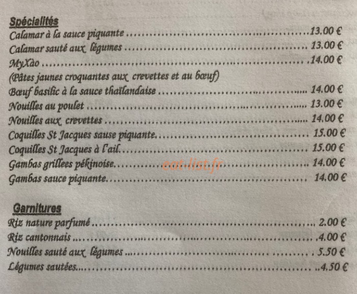 Carte et menu de Aux baguettes d'or à La Londe les Maures — Le spécialités et garnitures