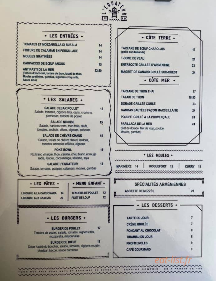 Carte et menu de L'Equateur à Saint Cyr sur Mer — La carte
