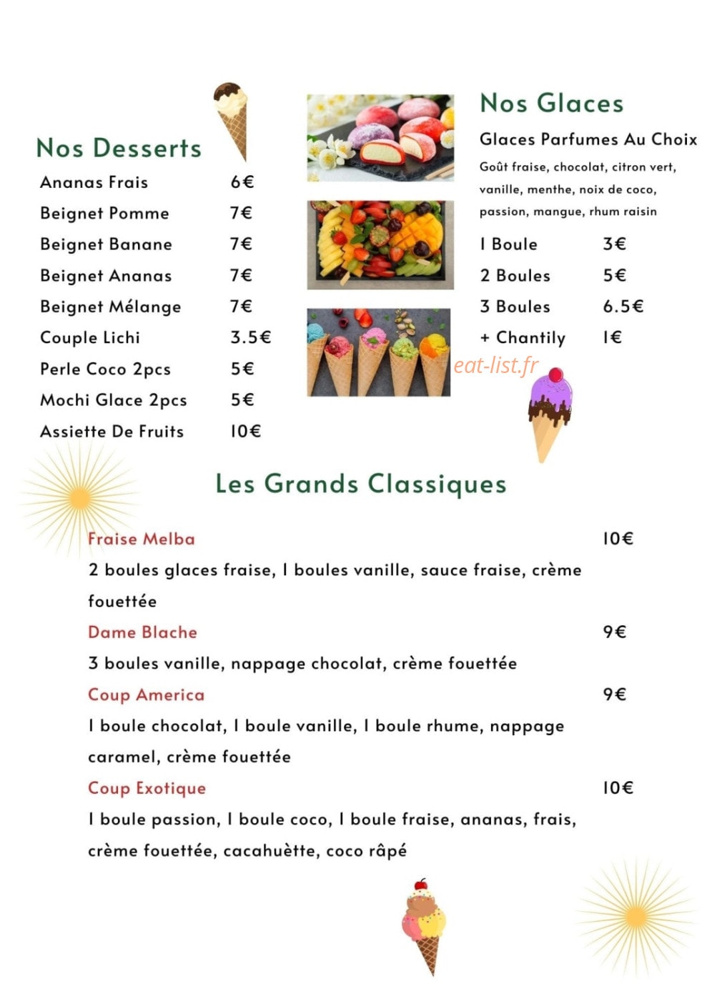 Carte et menu de Le newport chez Uyen à Saint Cyr sur Mer — Les desserts, glaces, ...