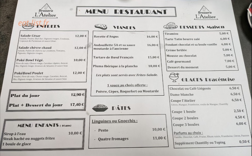 Brasserie l'Atelier — carte page 1