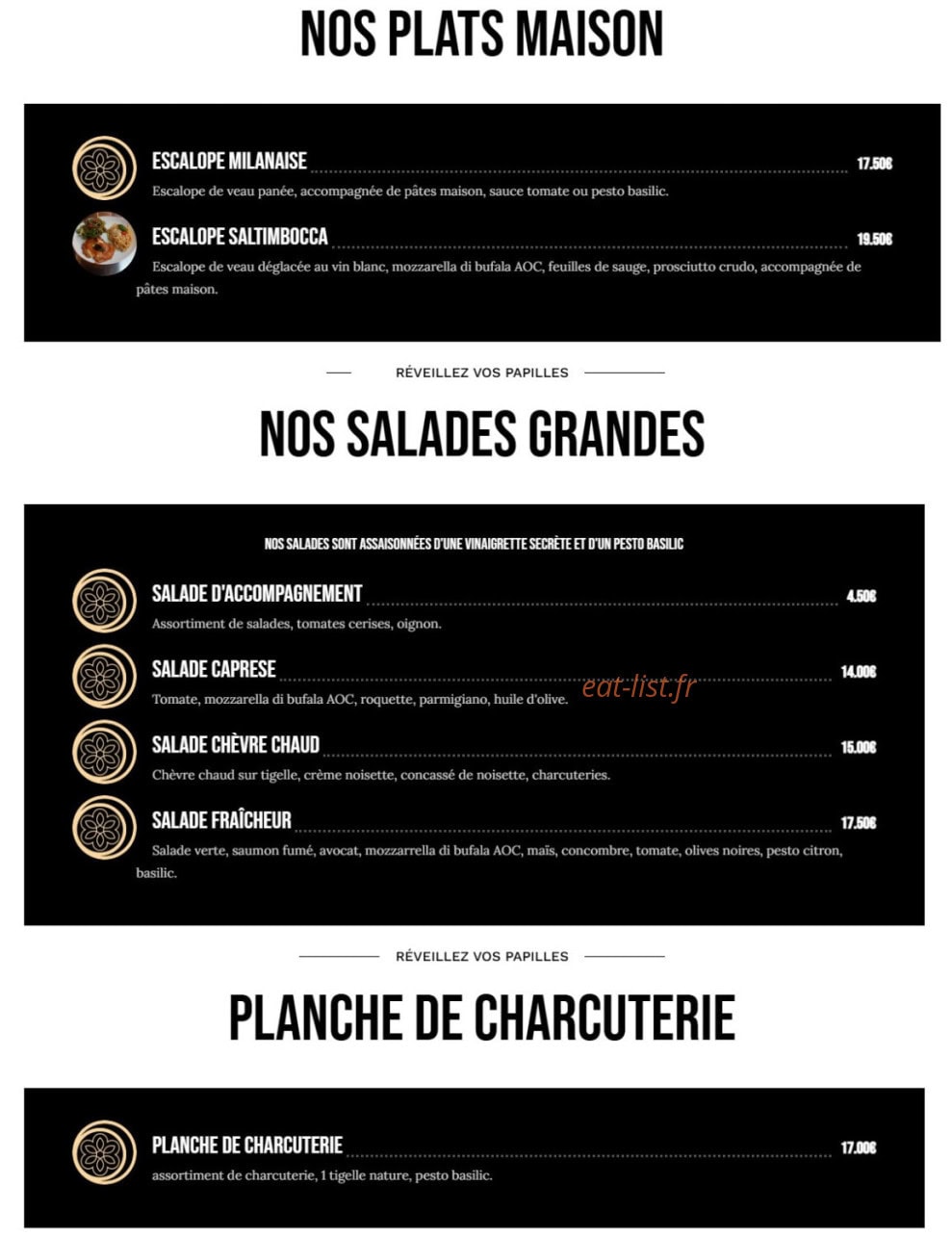 Carte et menu de La Tigelleria de wina à Draguignan — Les plats, salades, ...