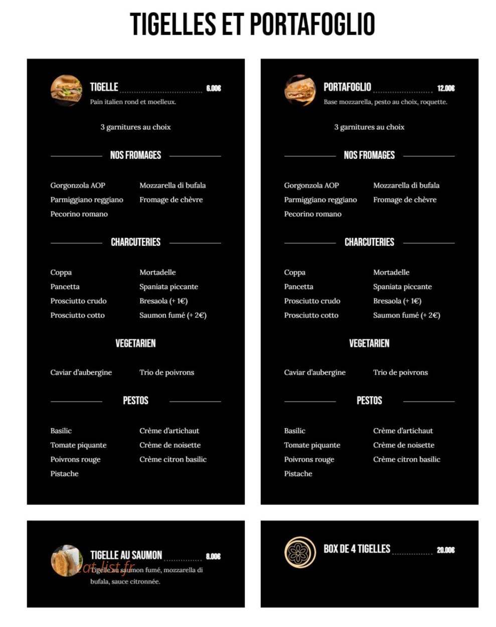 Carte et menu de La Tigelleria de wina à Draguignan — Les tigelles