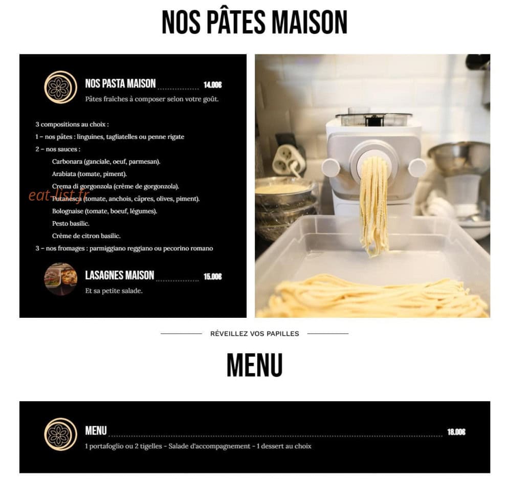 Carte et menu de La Tigelleria de wina à Draguignan — Les pates et menus